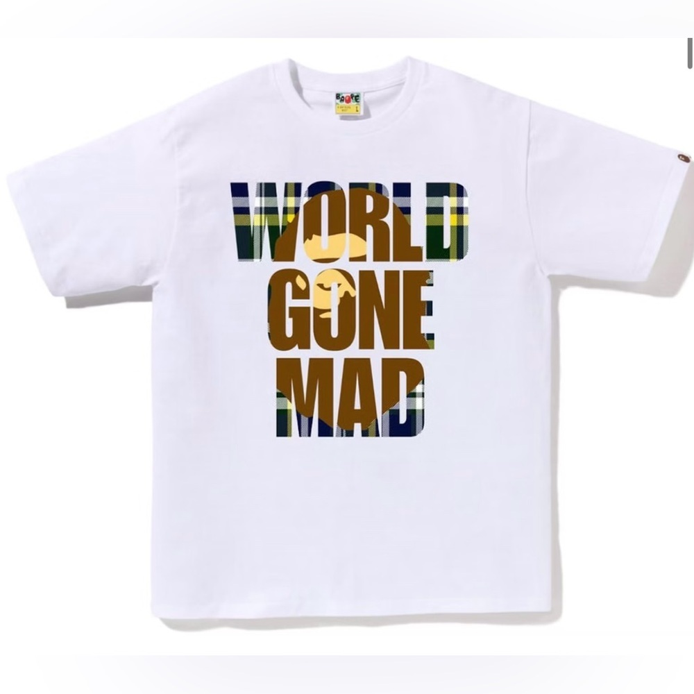 BAPE World Gone Mad (WGM) Check Ape Head Overlap Tee – White – Size M – NWT